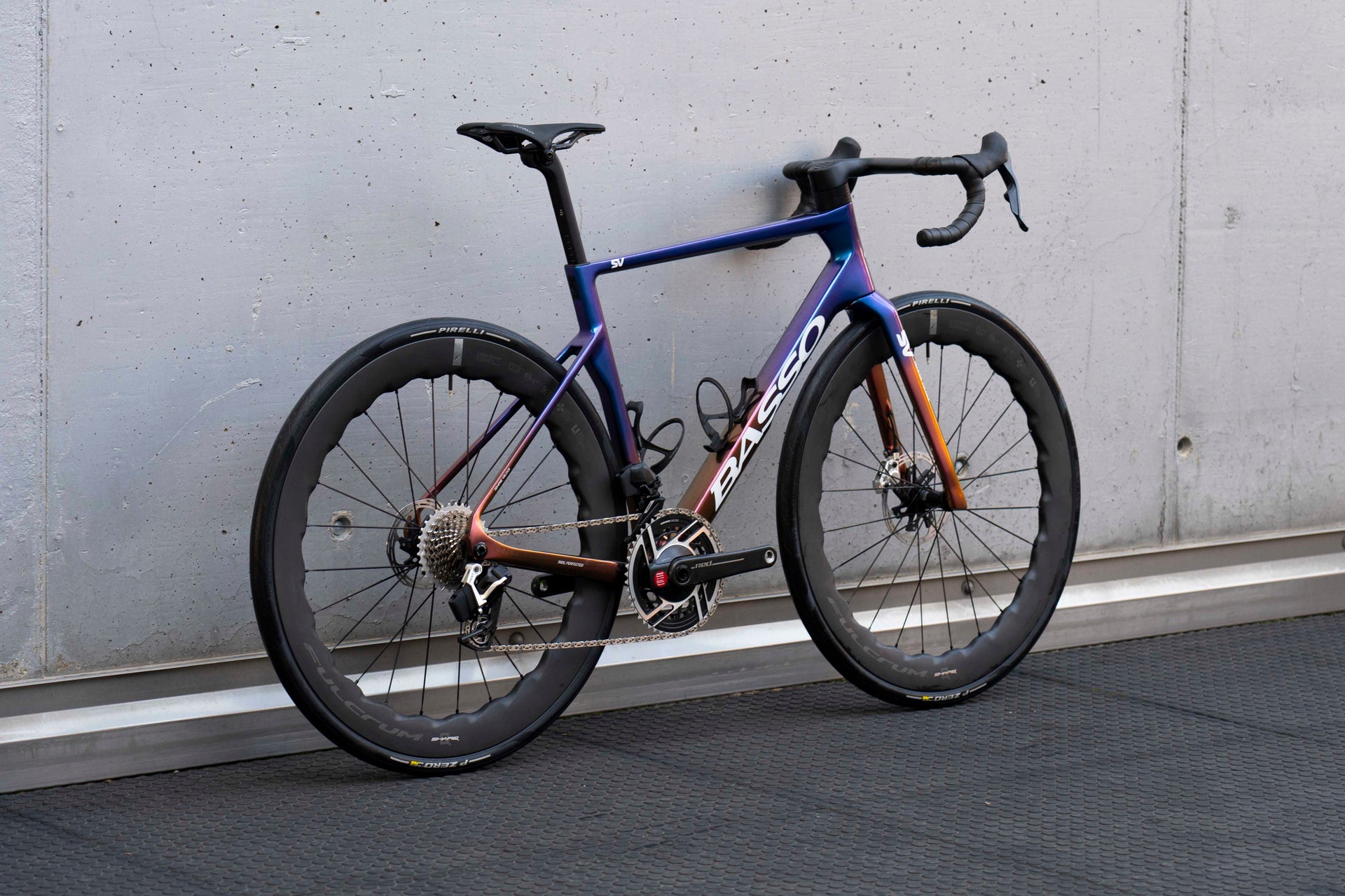 Rear view of the Basso SV custom aero road complete bicycle with wireless SRAM Red AXS drivetrain, tailor-made by Cicli Corsa.