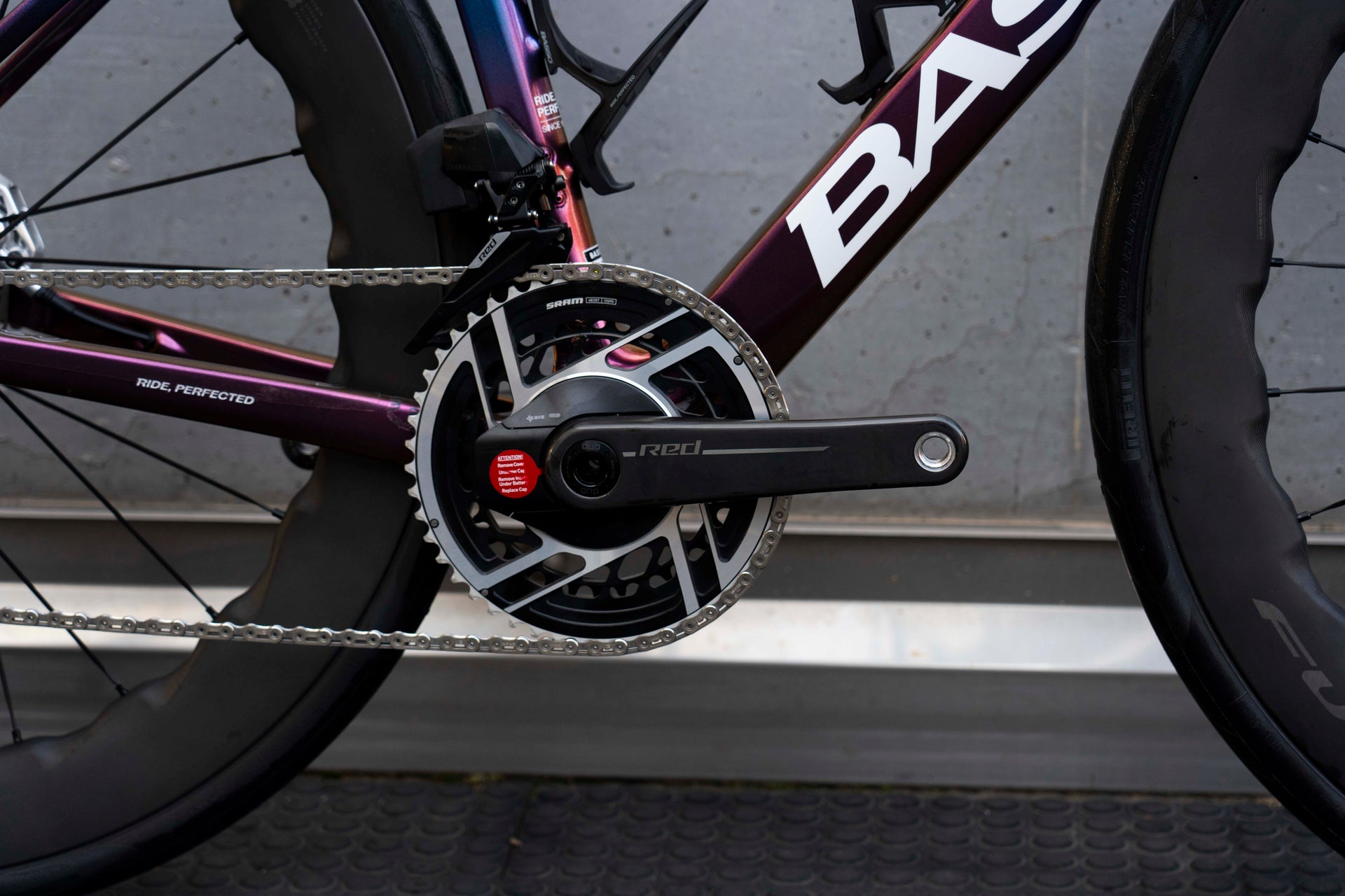 SRAM Red AXS carbon road crankset with integrated Quarq power meter on the Basso Diamante SV complete bicycle by Cicli Corsa.