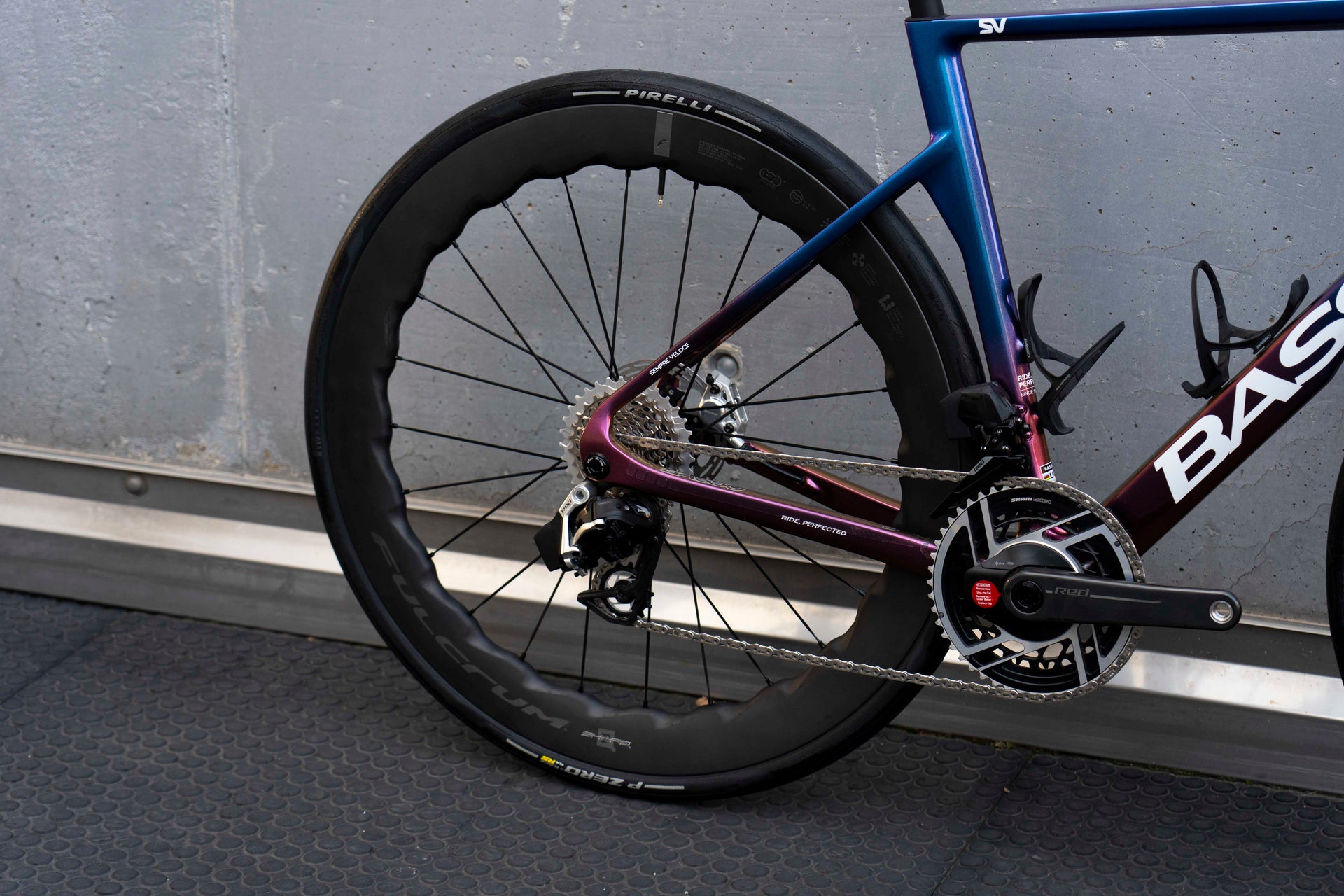 SRAM Red AXS wireless electronic rear derailleur and cassette on the Basso Diamante SV Viola Galaxy complete bicycle by Cicli Corsa.