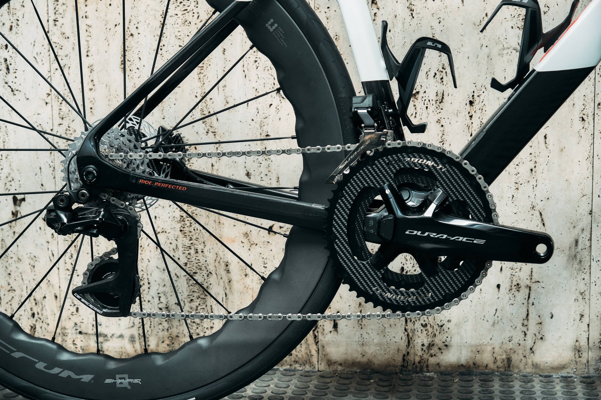 Shimano Dura-Ace Di2 rear derailleur equipped with CeramicSpeed OSPW carbon oversized pulley wheel system on the Basso Diamante SV by Cicli Corsa.