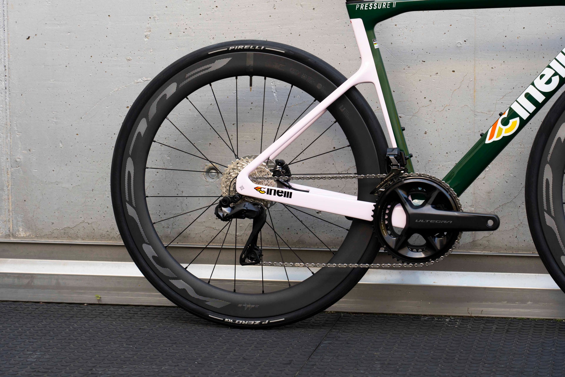 Fulcrum Speed 57 Team carbon wheels on the Cinelli Pressure II aero road bicycle in racing green with Shimano Ultegra Di2, a custom bicycle build by Cicli Corsa. 