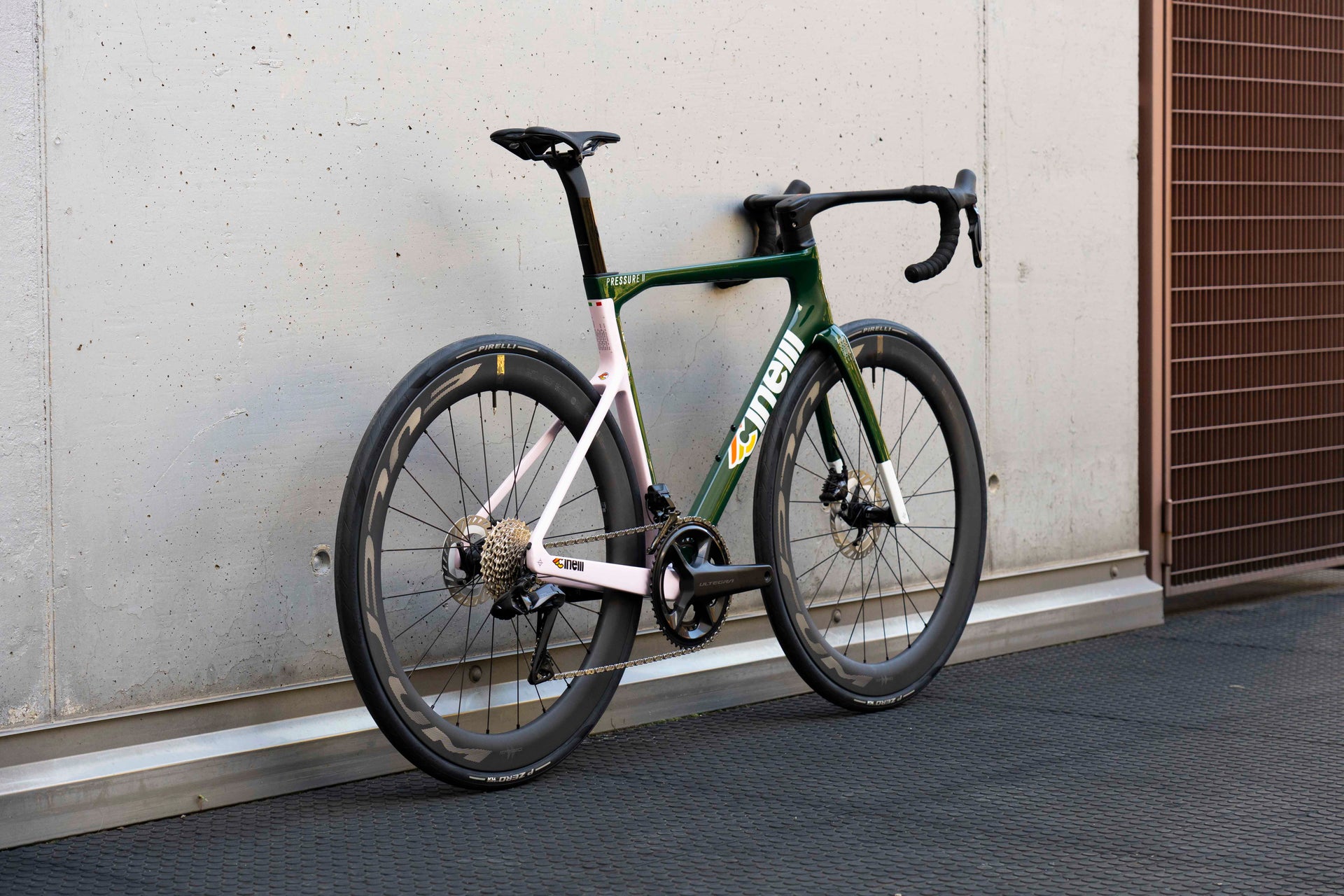 Complete Bicycle Cinelli Pressure II aero road bicycle in racing green with Shimano Ultegra Di2, a custom bicycle build by Cicli Corsa.