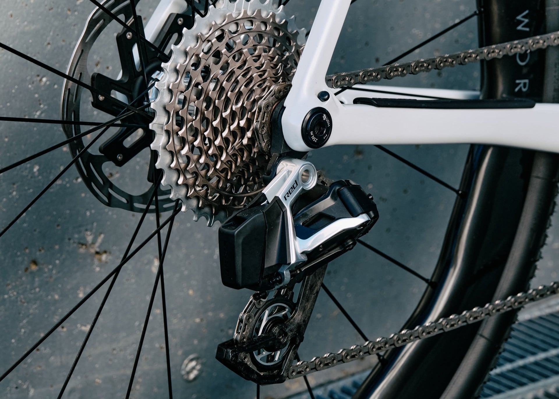 SRAM Red AXS wireless rear derailleur on the Colnago C68 Gravel complete bicycle by Cicli Corsa.