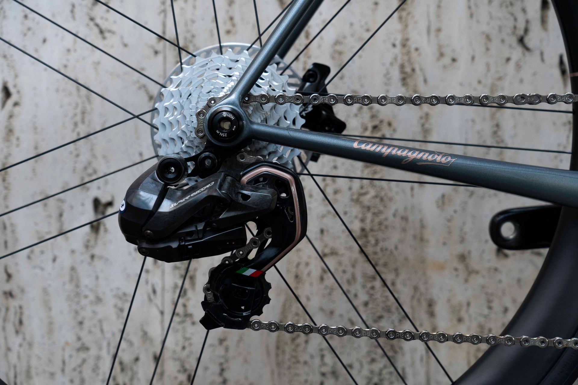Campagnolo Super Record Wireless electronic rear derailleur and cassette on the custom Colnago Steelnovo complete bicycle by Cicli Corsa.