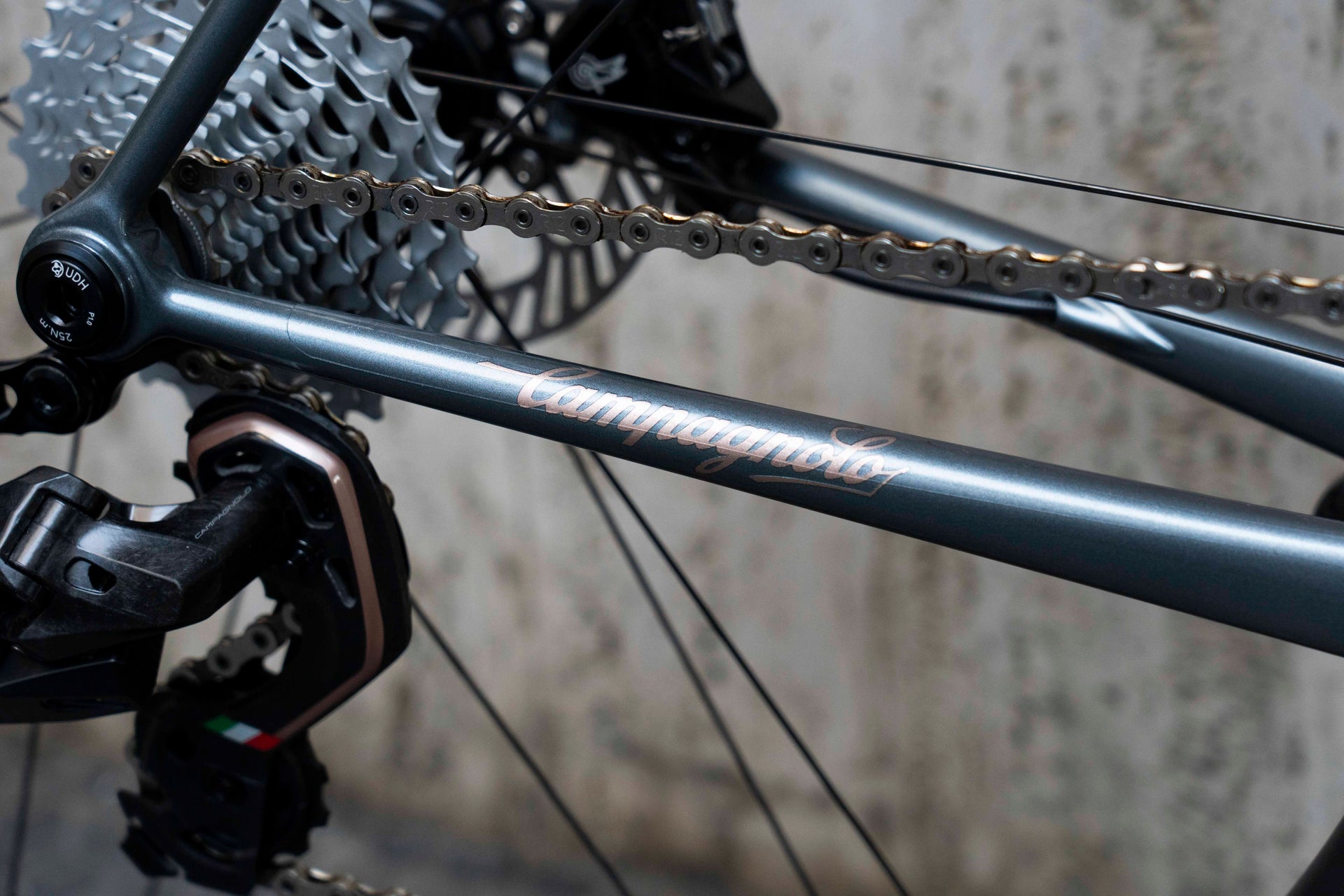 Campagnolo Super Record Wireless electronic rear derailleur and cassette on the custom Colnago Steelnovo complete bicycle by Cicli Corsa.