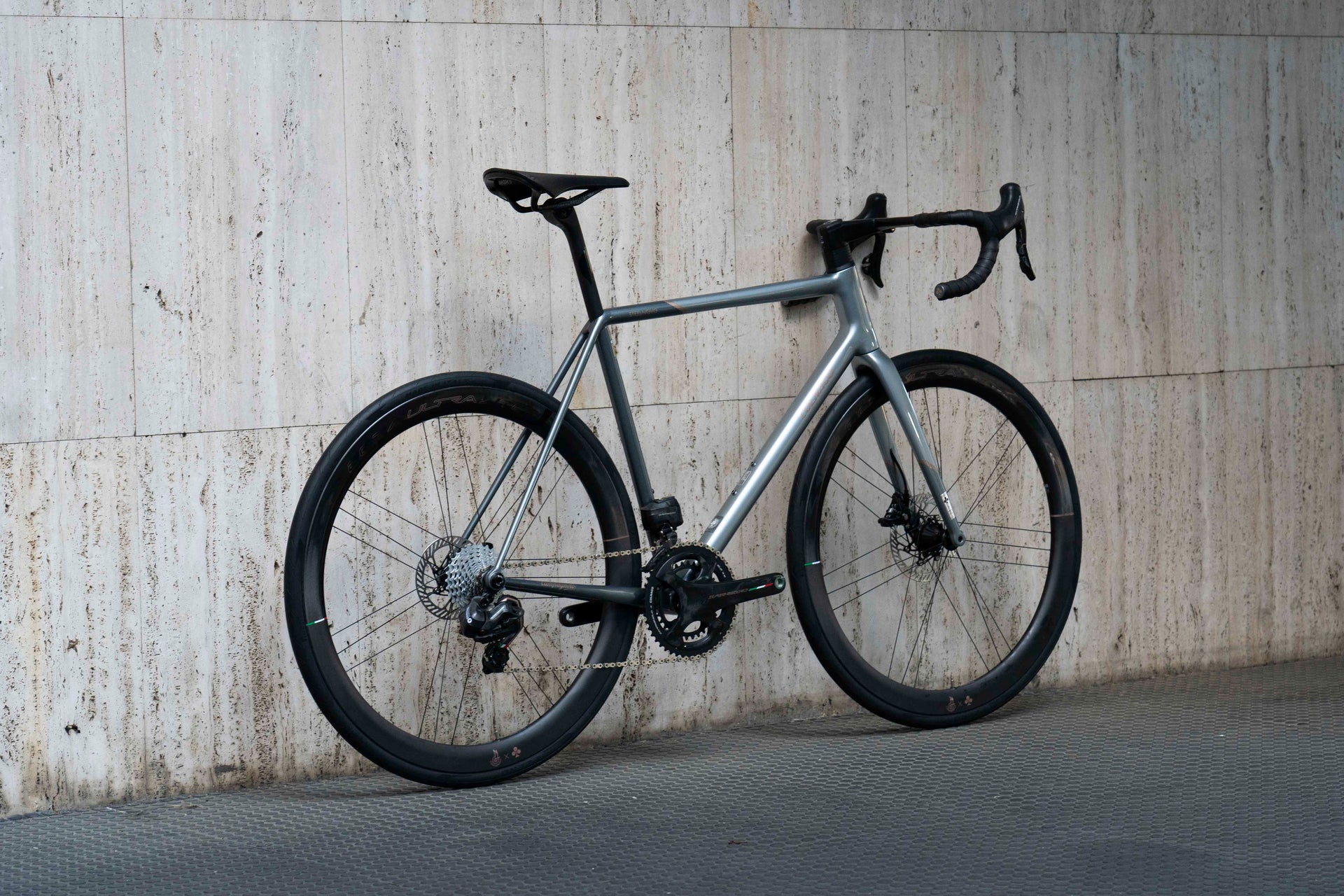 Non-drive side view of the rare Colnago Steelnovo custom painted premium steel complete bicycle, high-end assembly by Cicli Corsa.