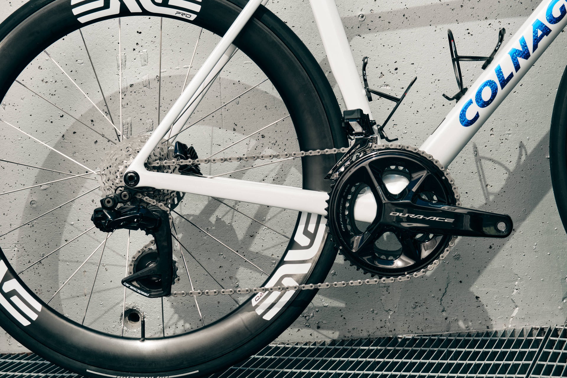 Electronic front derailleur close-up on the custom built Colnago V5Rs size 510 complete bicycle by Cicli Corsa.
