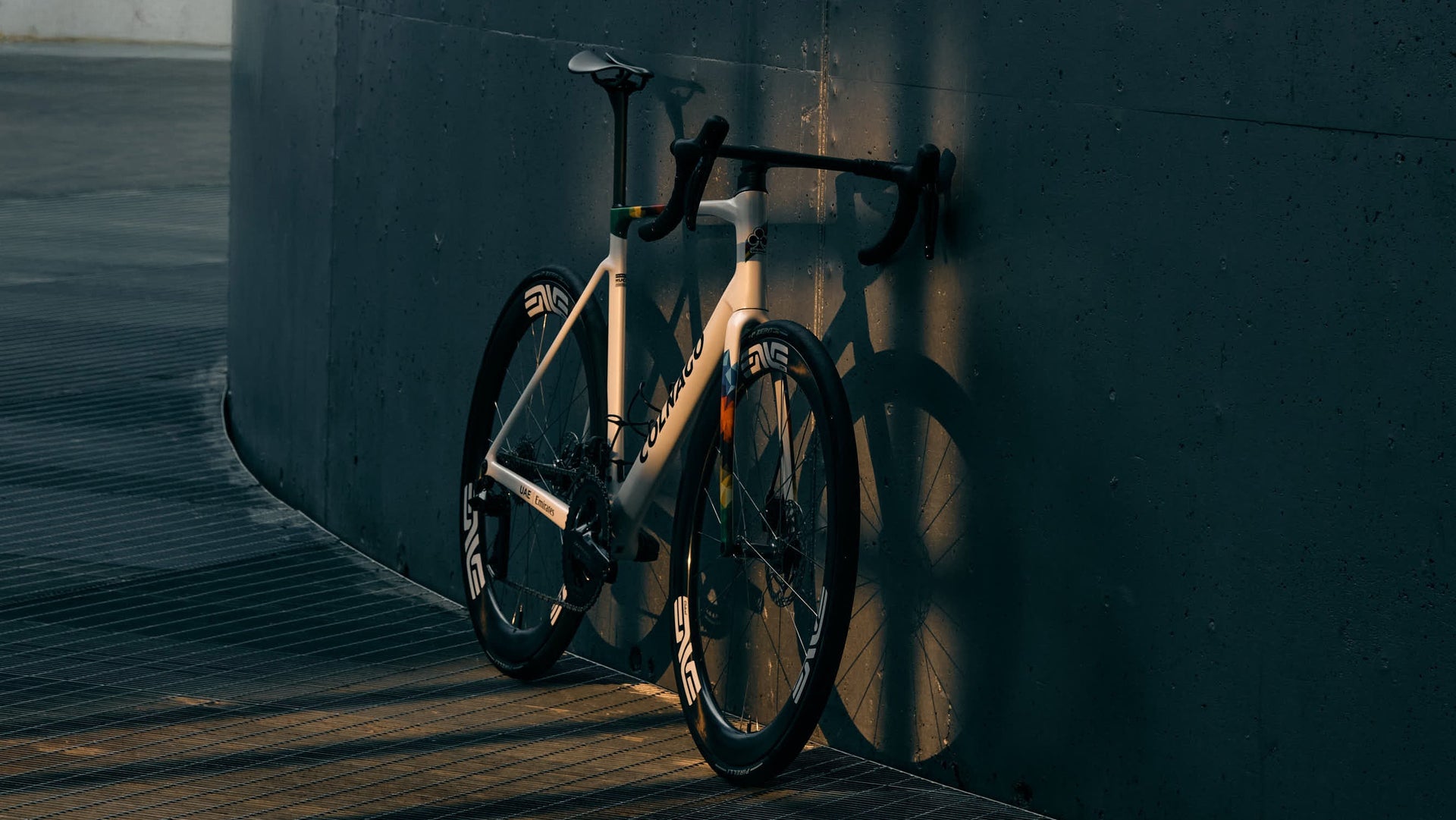 Front view of the Colnago V5Rs UAE Emirates premium road racing complete bicycle, custom pro-tier bicycle build by Cicli Corsa.