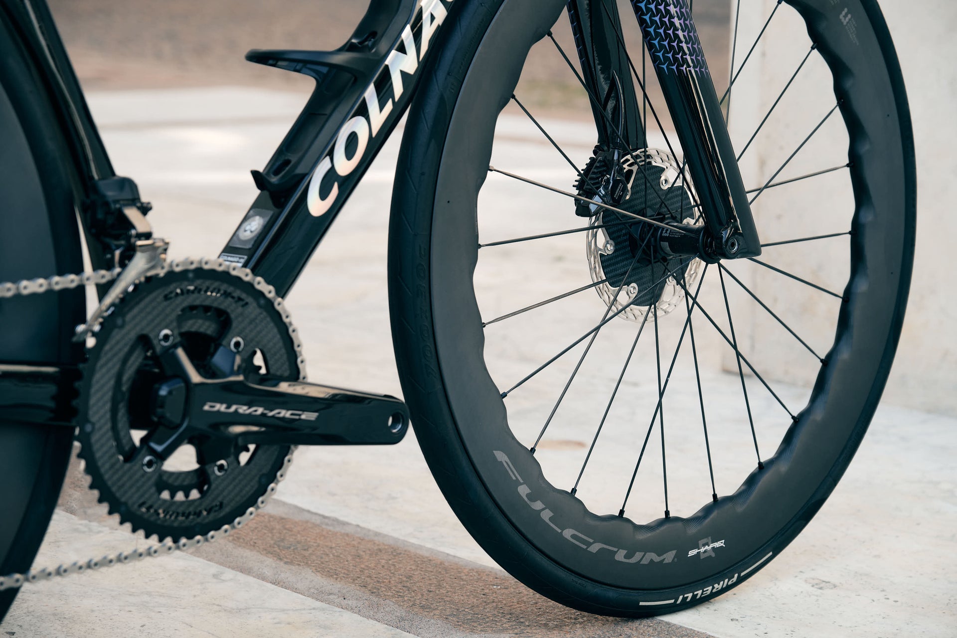 Shimano Dura-Ace crankset with Carbon-Ti chainrings on the Colnago Y1Rs complete bicycle by Cicli Corsa.