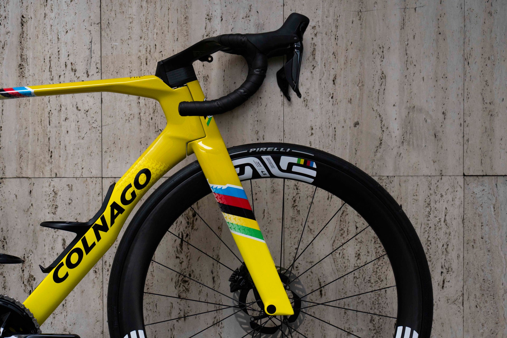 ENVE SES 4.5 carbon aerodynamic wheels and high-performance road tires on the Colnago Y1Rs Tour de France complete bicycle by Cicli Corsa.