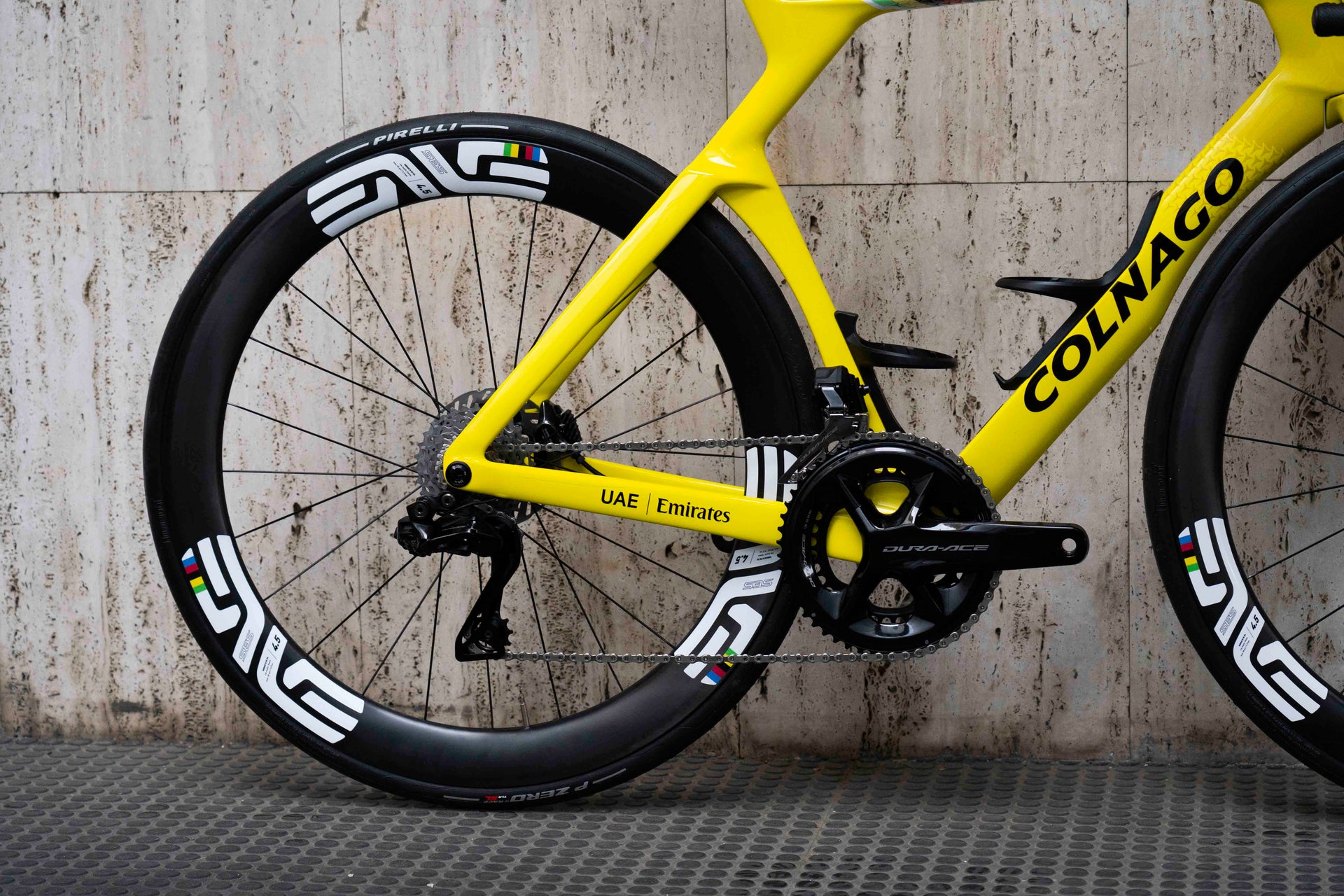 Shimano Dura-Ace Di2 electronic rear derailleur and 12-speed cassette on the Colnago Y1Rs Tour de France complete bicycle by Cicli Corsa.