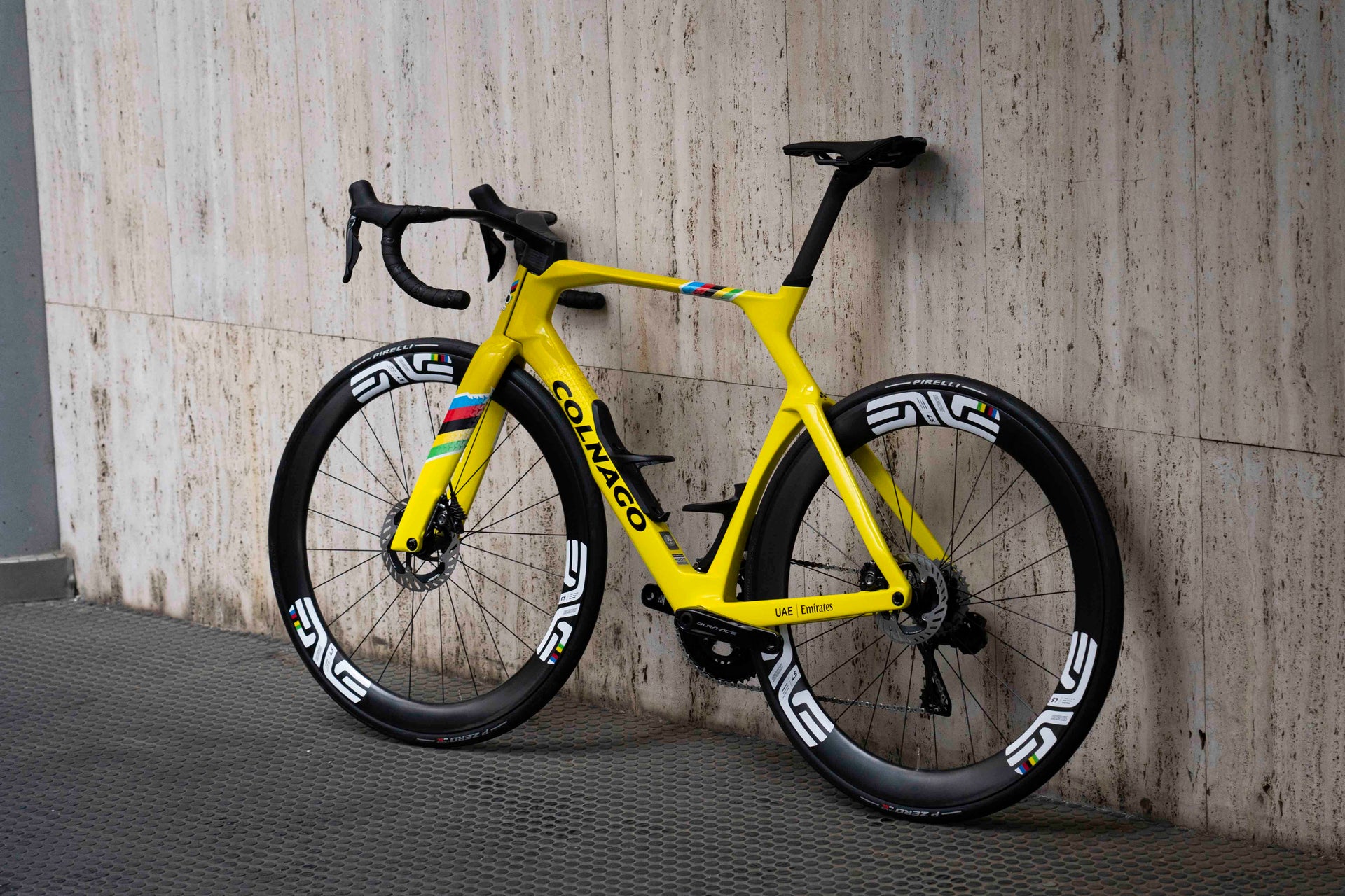 Non-drive side view of the celebratory Colnago Y1Rs Tour de France carbon complete bicycle featuring ENVE wheels, assembled by Cicli Corsa.