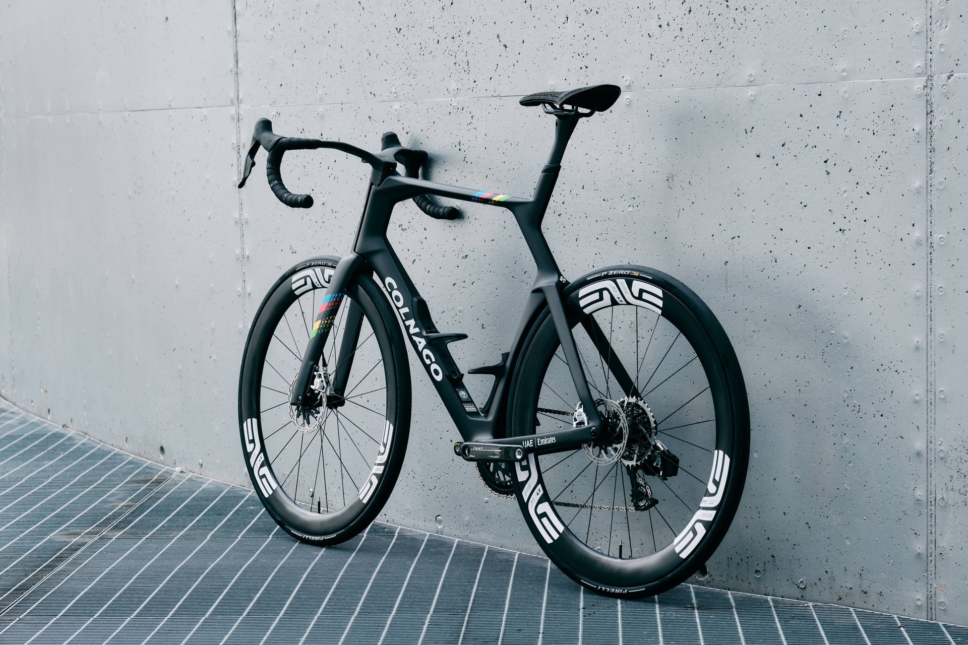 Colnago Y1Rs carbon frame on a custom road bike complete bicycle side view.