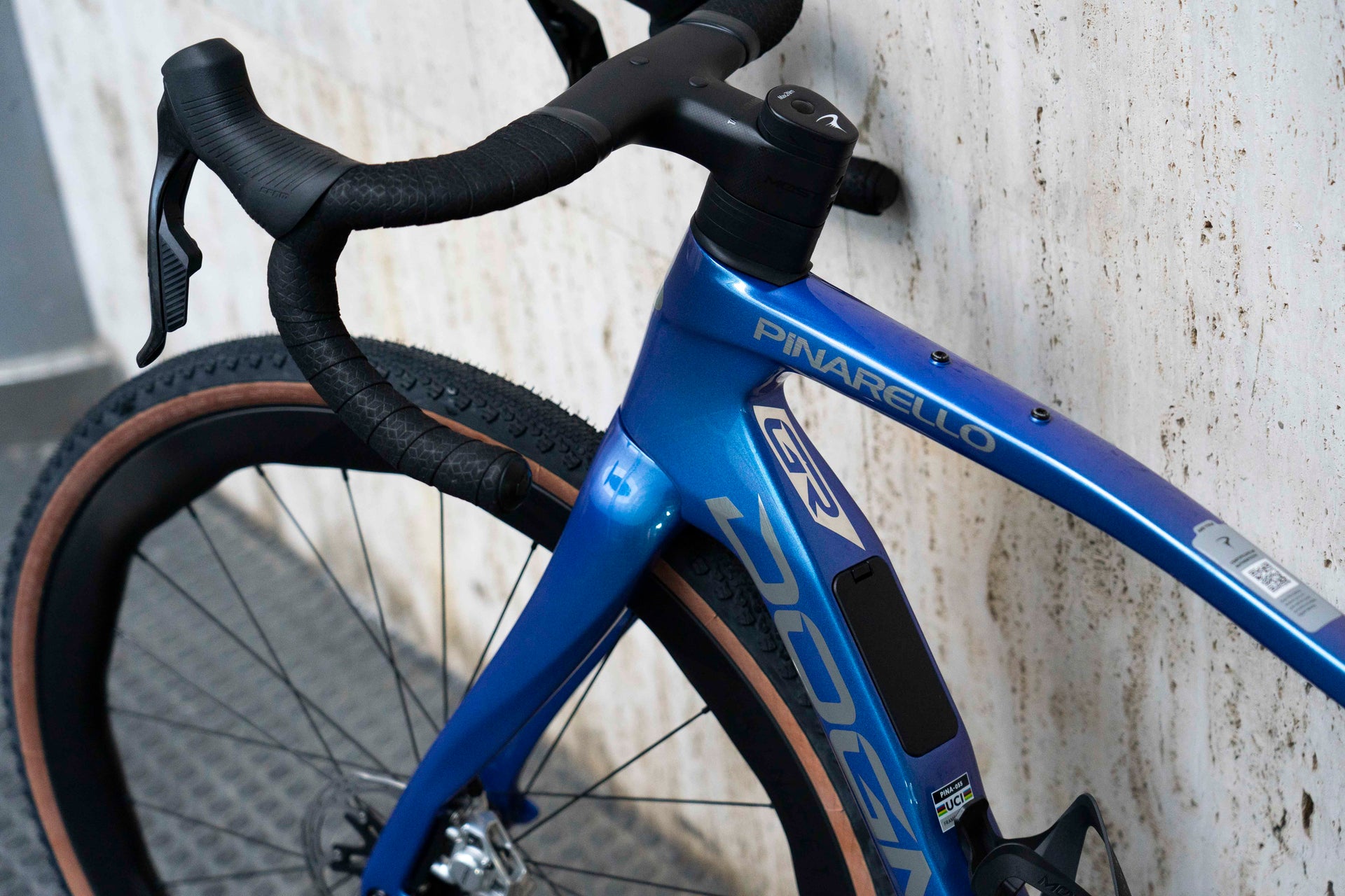 Down tube branding and Luxter Blue Shiny finish on the Pinarello DOGMA GR complete bicycle by Cicli Corsa.