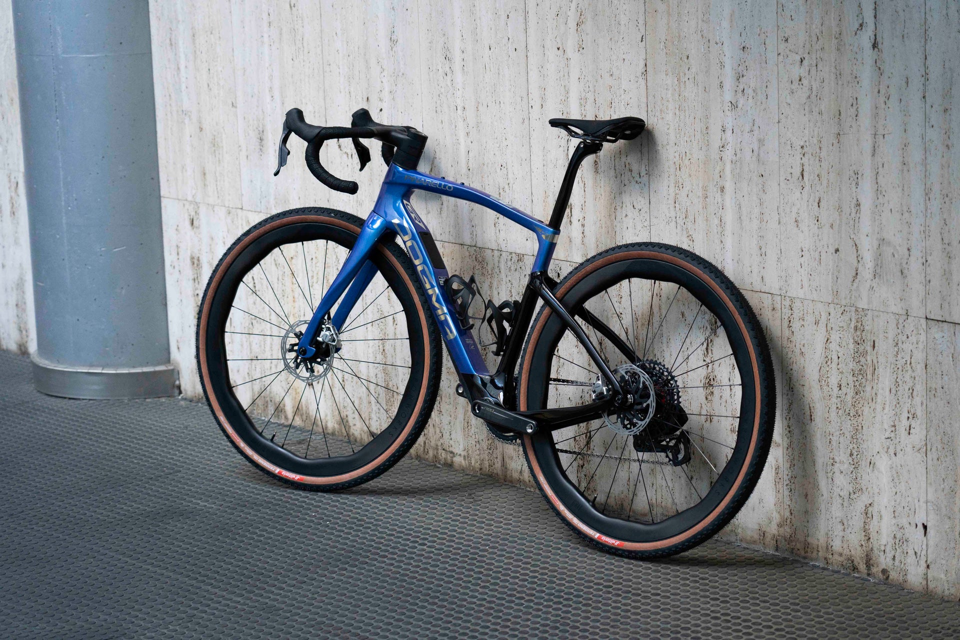 Non-drive side view of the Pinarello DOGMA GR Luxter Blue complete bicycle, custom built by Cicli Corsa.