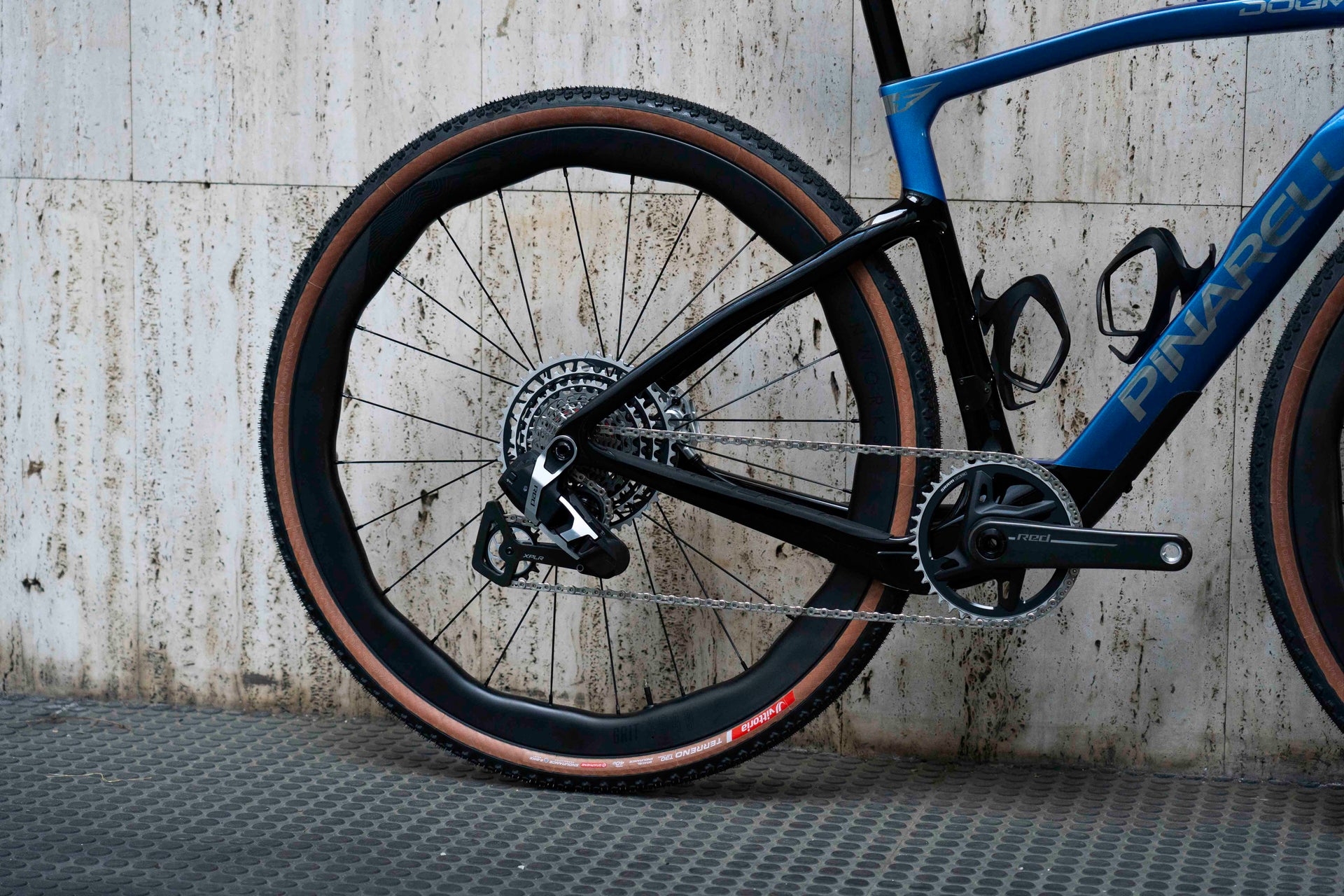 SRAM Red XPLR wireless rear derailleur on the Pinarello DOGMA GR complete bicycle by Cicli Corsa.