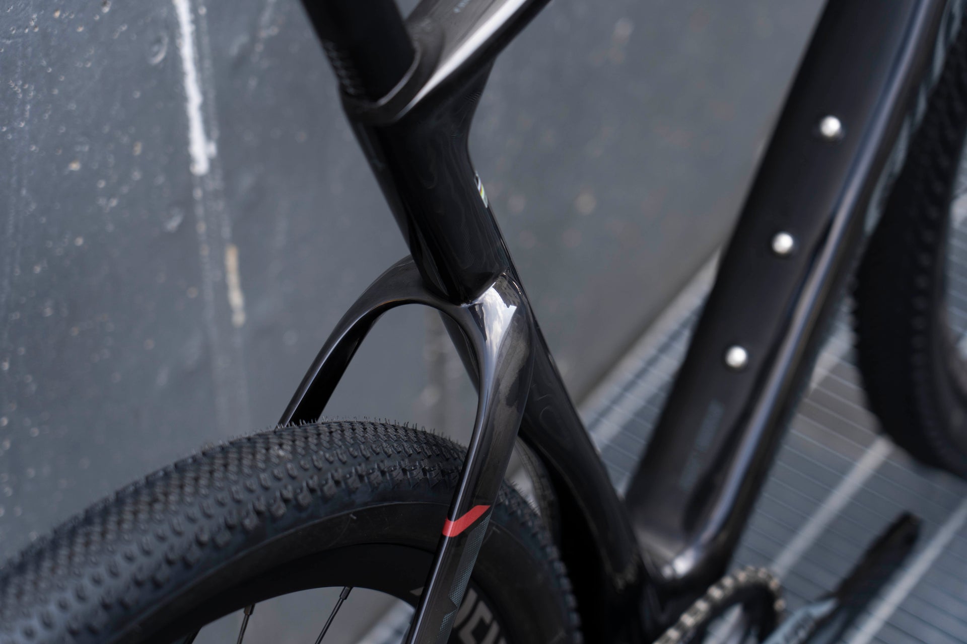 Rear carbon triangle and wide tire clearance chainstay design on the high-performance Wilier Triestina Rave SLR complete bicycle by Cicli Corsa.
