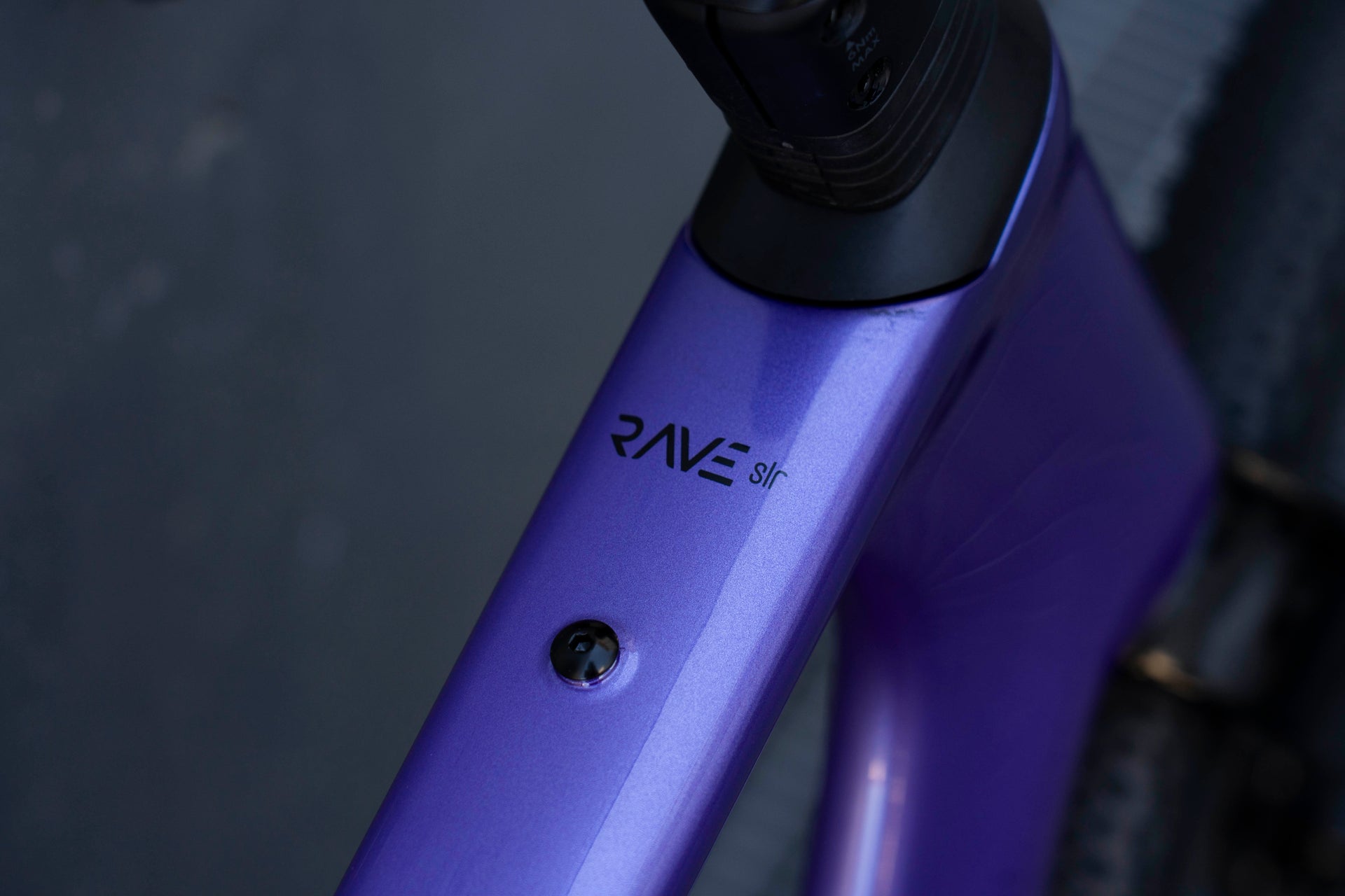 Down tube branding and Neon Purple paint finish on the Wilier Rave SLR complete bicycle by Cicli Corsa.