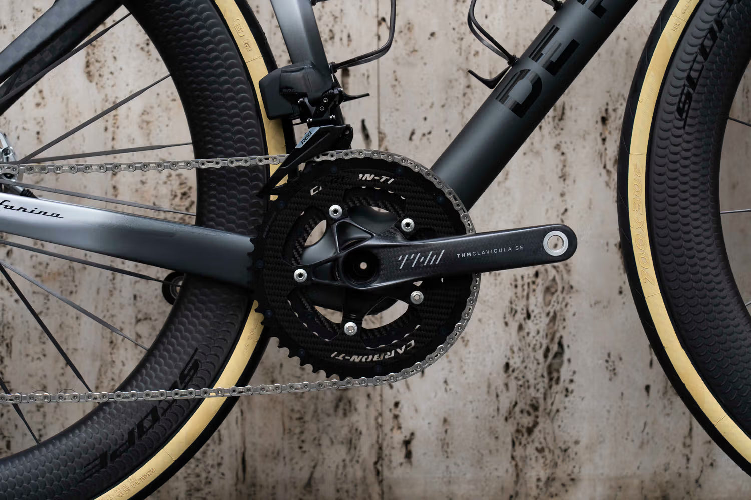 SRAM Red E1 electronic front derailleur and premium road chain setup on the custom De Rosa 70 complete bicycle by Cicli Corsa.